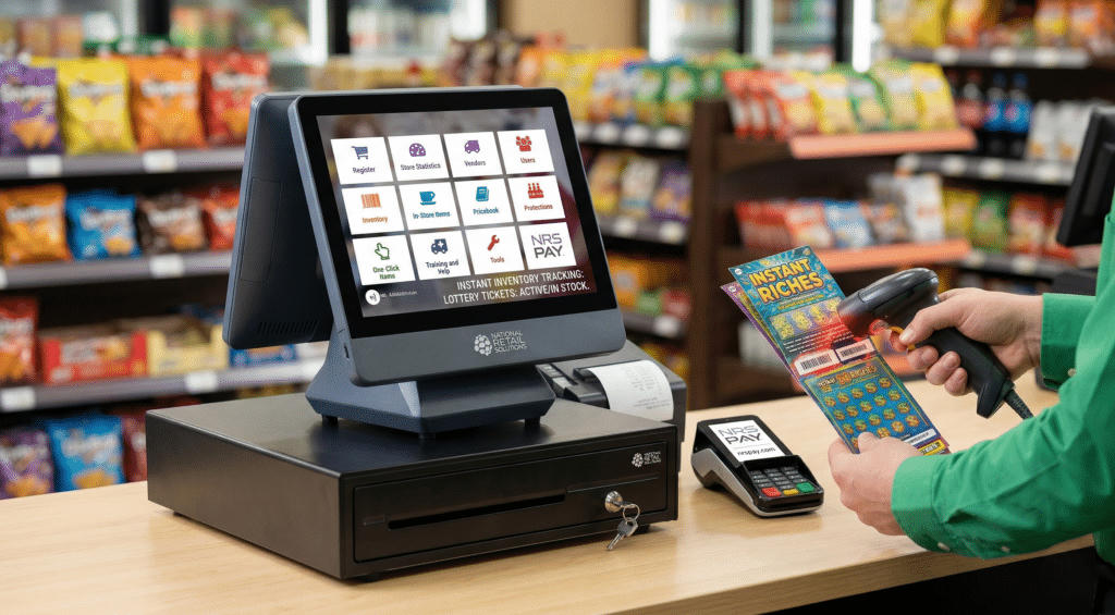 Clerk scanning lottery tickets at the register